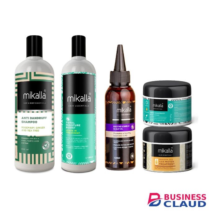 Mikalla Anti-dandruff 5 in 1 Hair Package: Shampoo, Leave-in Treatment, Soothe & shield Oil, Anti-dandruff Cream and Treatment