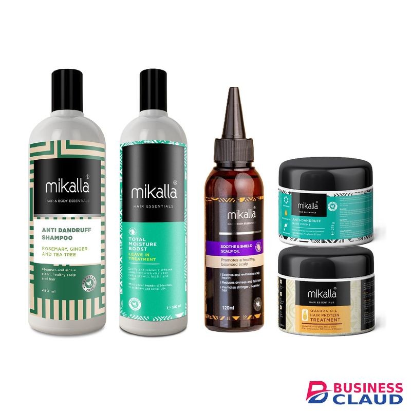 Mikalla Anti-dandruff 5 in 1 Hair Package: Shampoo, Leave-in Treatment, Soothe & shield Oil, Anti-dandruff Cream and Treatment