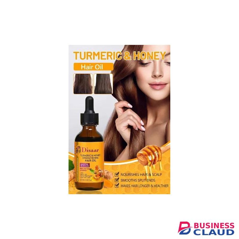 Disaar Turmeric & honey strengthening hair oil 60ml, moisturizes and lightens hair color, repairs damaged hair, leaves healthy, soft and shiny.