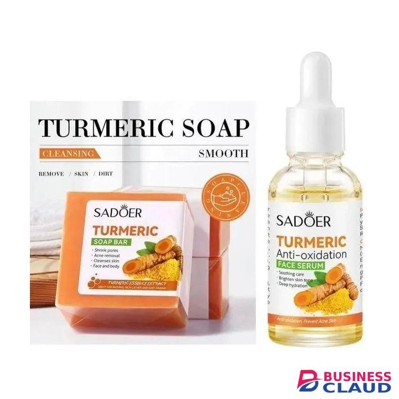 2pcs/Set Turmeric Soap + Turmeric Serum Darks Spots Blackheads Remover, Oil Control, Effective Acne Removal, Pore Shrinking and Skin Tone Brightening