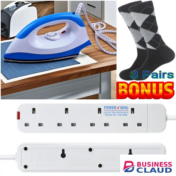 AILYONS AFFORDABLE HIGH QUALITY Electric Box Dry Iron Box - 1000W For Ironing Clothes Official Shirts & Trousers + EXTRA BONUS BEST 4 WAY // 4-WAY POWER SUPPLY EXTENSION & MEN'S SOCKS