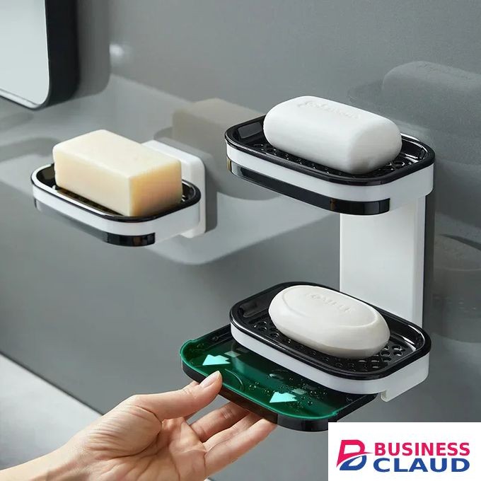 Wall Mounted Double Layer Soap Dish Punch-Free Drawer Draining Holder