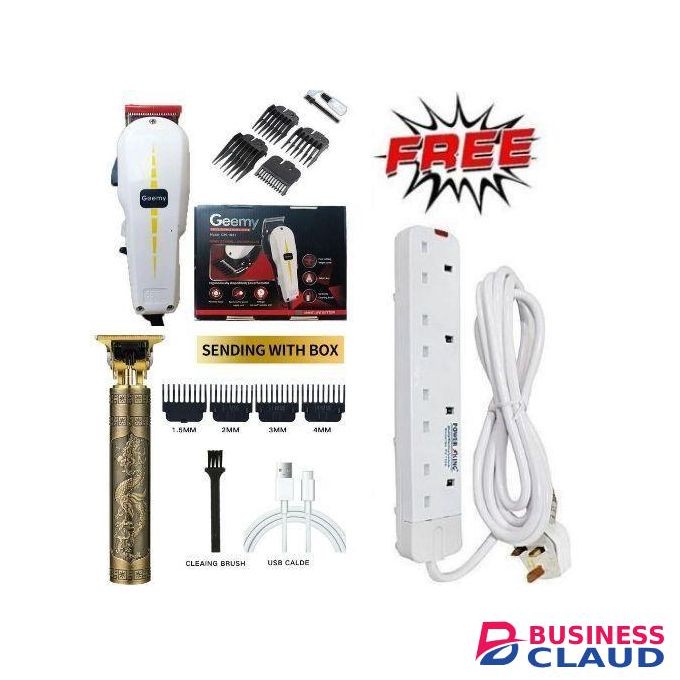 Geemy Affordable Professional Hair Shaving Machine / Shaving Machine-Kinyozi & T9 Dragon Rechargeable Metal Hair Clipper Wireless Gold + 4 Way Power Extension Cable