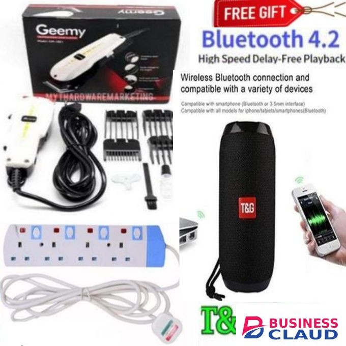 Geemy BEST SHAVER FOR KINYOZI// GOOD SHAVING MACHINE // Electric Hair Clipper Barbering Machine - Kinyozi / Electric Hair Trimmer Barbering Machine - Kinyozi + 4 way power extension + Bluetooth Wireless speaker