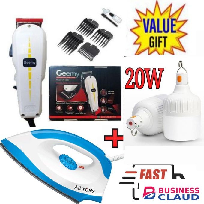 Geemy SHAVING MACHINE-KINYOZI +DRY IRON BOX+ FREE 20W RECHARGEABLE BULB