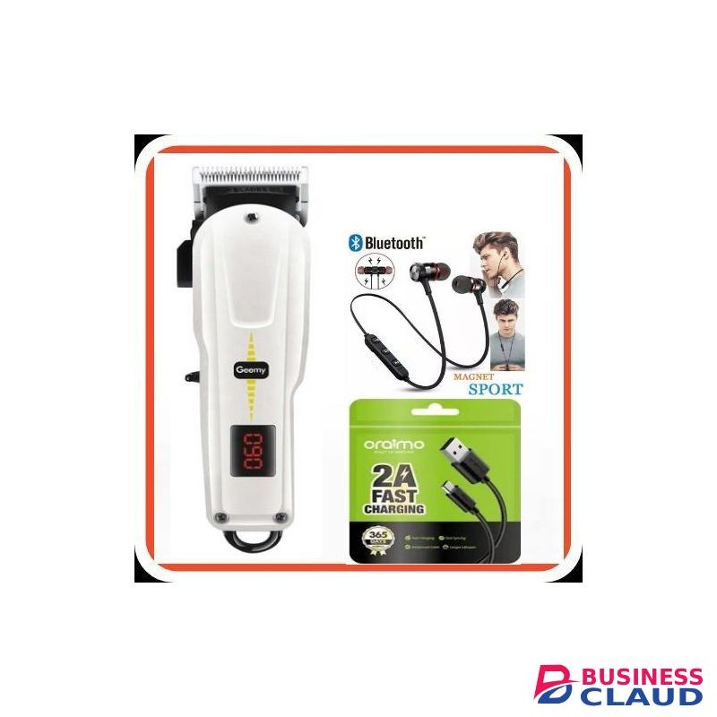 Geemy Smart Rechargeable Cord-less Hair Shaving Machine With indicator - Kinyozi + Free Oraimo charging Cable & Neckband Bluetooth Earphones