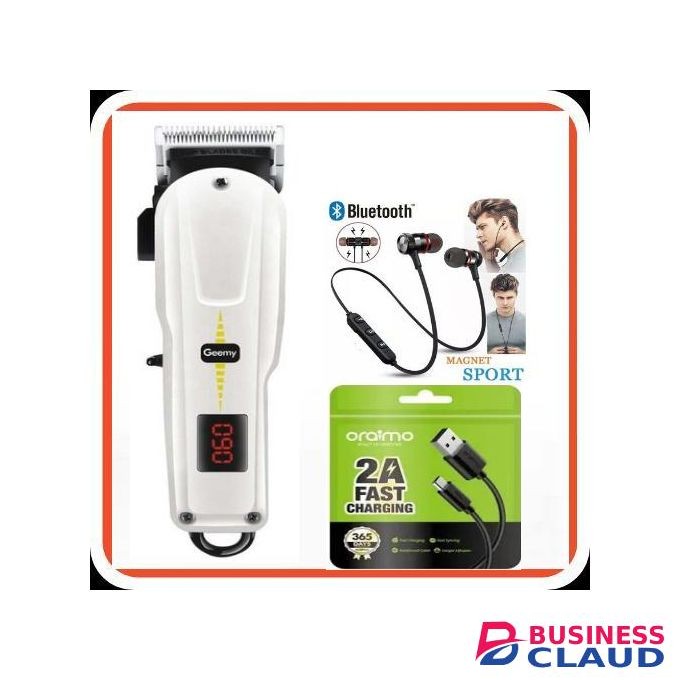Geemy Smart Rechargeable Cord-less Hair Shaving Machine With indicator - Kinyozi + Free Oraimo charging Cable & Neckband Bluetooth Earphones