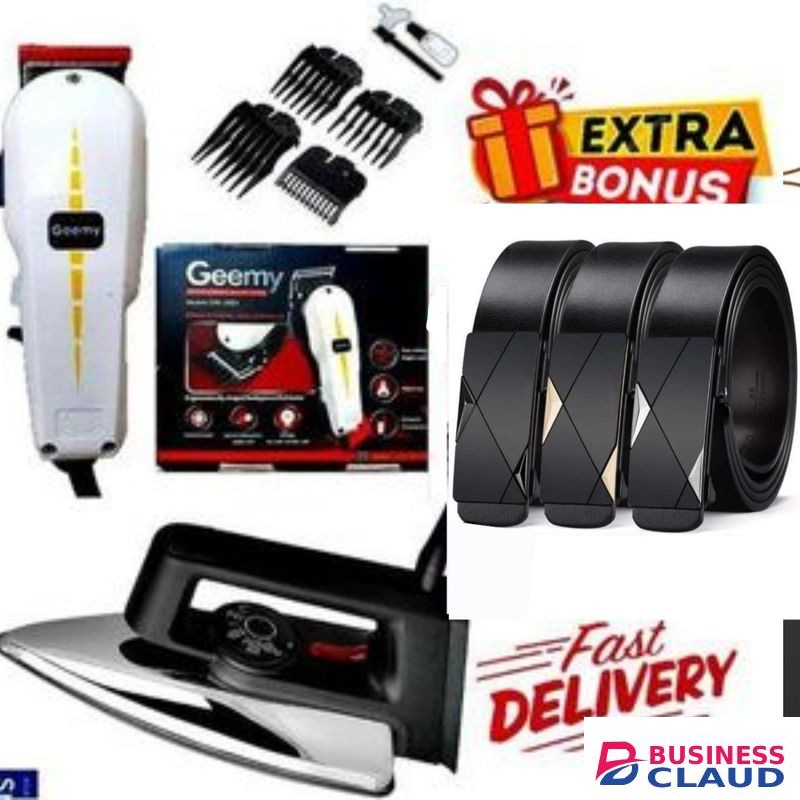 Geemy ELECTRIC Professional HAIR Clipper SHAVER / Beard Trimmer- Shaving MACHINE-KINYOZI + GIFTS ELECTRIC IRONING BOX // IRONBOX 1000W & 3 WHITELEATHER BELTS