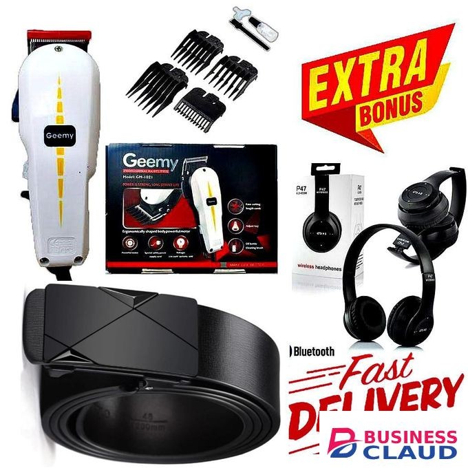 Geemy Best Men’s Daily Office Belt – Durable Black Automatic Buckle Design, ELECTRIC Hair Clipper Barbering Machine Balding Machine for Professionals For Schools use clippers for Home & KINYOZI + FREE GIFTS BLUETOOTH WIRELESS HEADPHONES with good bass