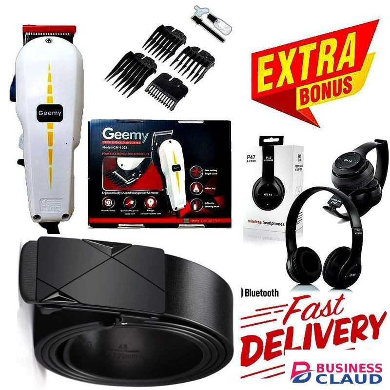 Geemy Best Men’s Daily Office Belt – Durable Black Automatic Buckle Design, ELECTRIC Hair Clipper Barbering Machine Balding Machine for Professionals For Schools use clippers for Home & KINYOZI + FREE GIFTS BLUETOOTH WIRELESS HEADPHONES with good bass