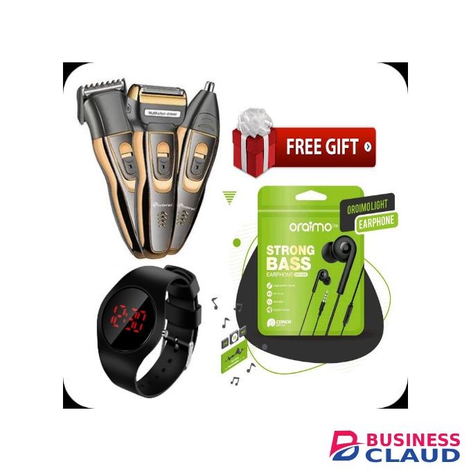 Geemy New Pro Rechargeable Shaving Machine/Shaver/3 In 1 + Free Oraimo Earphone And Watch