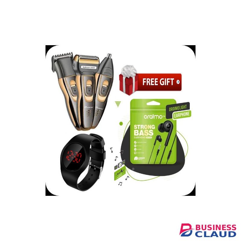 Geemy New Pro Rechargeable Shaving Machine/Shaver/3 In 1 + Free Oraimo Earphone And Watch