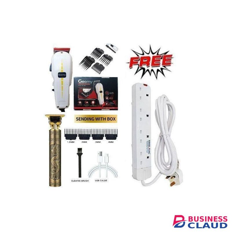 Geemy GOOD SHAVER // Affordable Professional Hair Shaving Machine / Shaving Machine-Kinyozi & T9 Dragon Rechargeable Metal Hair Clipper Wireless Gold + 4 Way Power Extension Cable