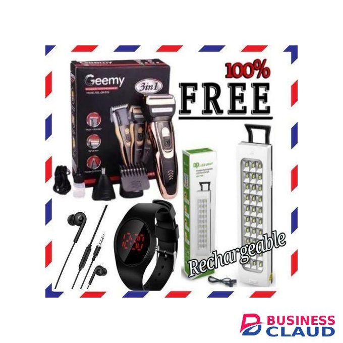 Geemy Best 3 In 1 Rechargeable Hair Shaving Machine + Free EARPHONES , WATCH AND RECHARGEABLE LAMP