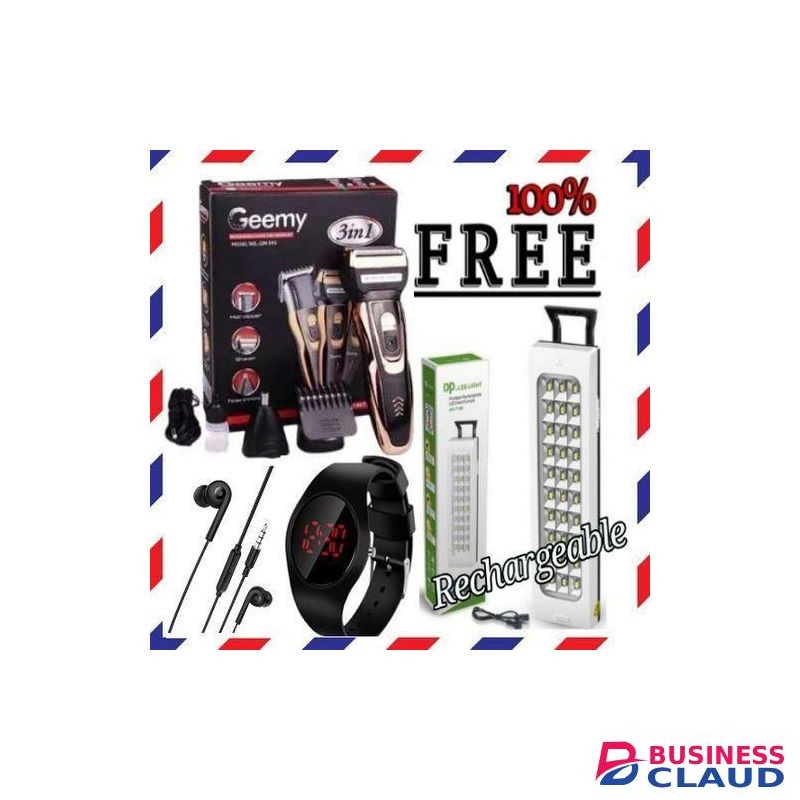 Geemy Best 3 In 1 Rechargeable Hair Shaving Machine + Free EARPHONES , WATCH AND RECHARGEABLE LAMP
