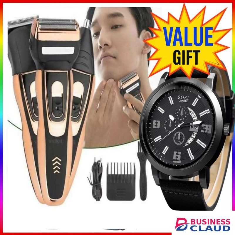 Geemy good beard shaver // Rechargeable Smoother Hair Shaving Machine, Shaver- 3 In 1 // charging shaver. + LEATHER luxury Watch