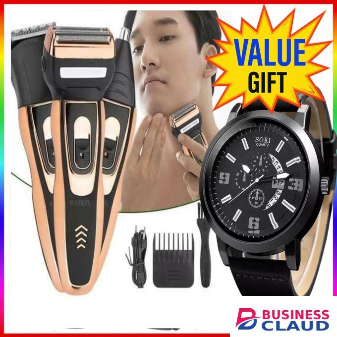 Geemy good beard shaver // Rechargeable Smoother Hair Shaving Machine, Shaver- 3 In 1 // charging shaver. + LEATHER luxury Watch