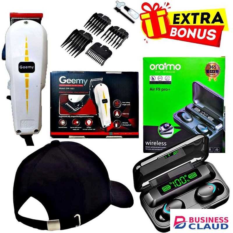 Geemy 1021 Electric Hair Shaving Machine // Oraimo Earpoods // Baseball Cap