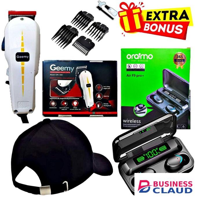 Geemy 1021 Electric Hair Shaving Machine // Oraimo Earpoods // Baseball Cap
