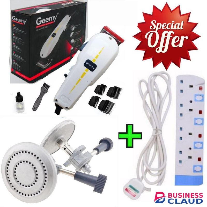 Geemy Electric Hair Clipper Barbering Machine - Kinyozi / Electric Hair Trimmer Barbering Machine - Kinyozi + 4 way Power Extension + Non-Leak Burner