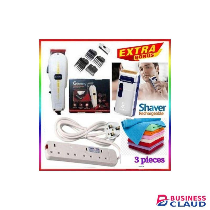 Geemy BEST AFFORDABLE BARBER SHAVING MACHINE-KINYOZI + FREE 4 WAY POWER EXTENSION & FACE TOWELS – FOR BUSINESS + Rechargeable Cordless Smoother
