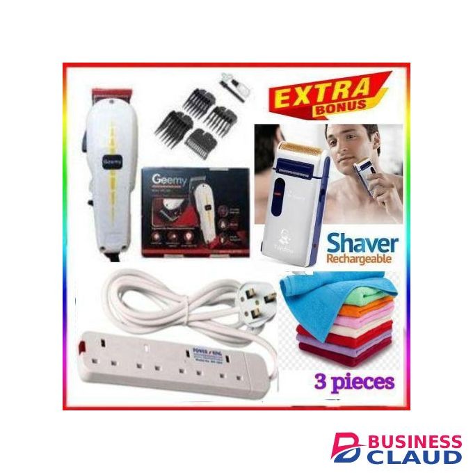 Geemy BEST AFFORDABLE BARBER SHAVING MACHINE-KINYOZI + FREE 4 WAY POWER EXTENSION & FACE TOWELS – FOR BUSINESS + Rechargeable Cordless Smoother