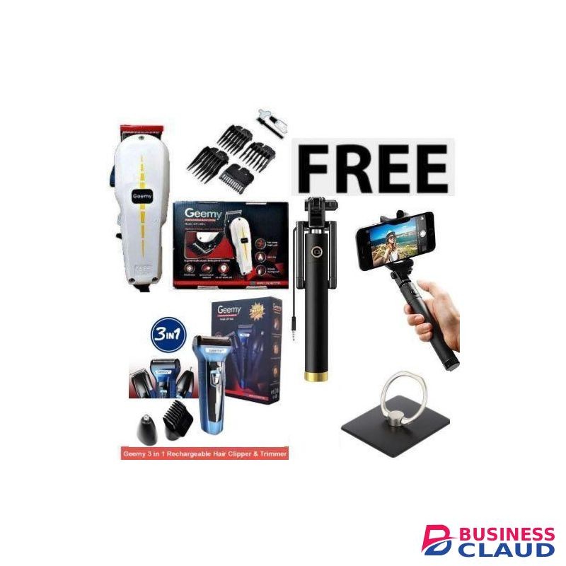 Geemy BEST Professional Barbering Hair Shaving Machine-Kinyozi + Free 3 in 1 Electric Rechargeable Shaver Nose, Smoother & Non Tripod stand//Hand Selfie Stick With inbuilt camera controller