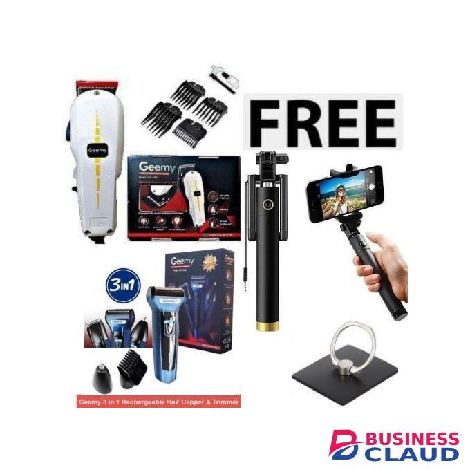 Geemy BEST Professional Barbering Hair Shaving Machine-Kinyozi + Free 3 in 1 Electric Rechargeable Shaver Nose, Smoother & Non Tripod stand//Hand Selfie Stick With inbuilt camera controller