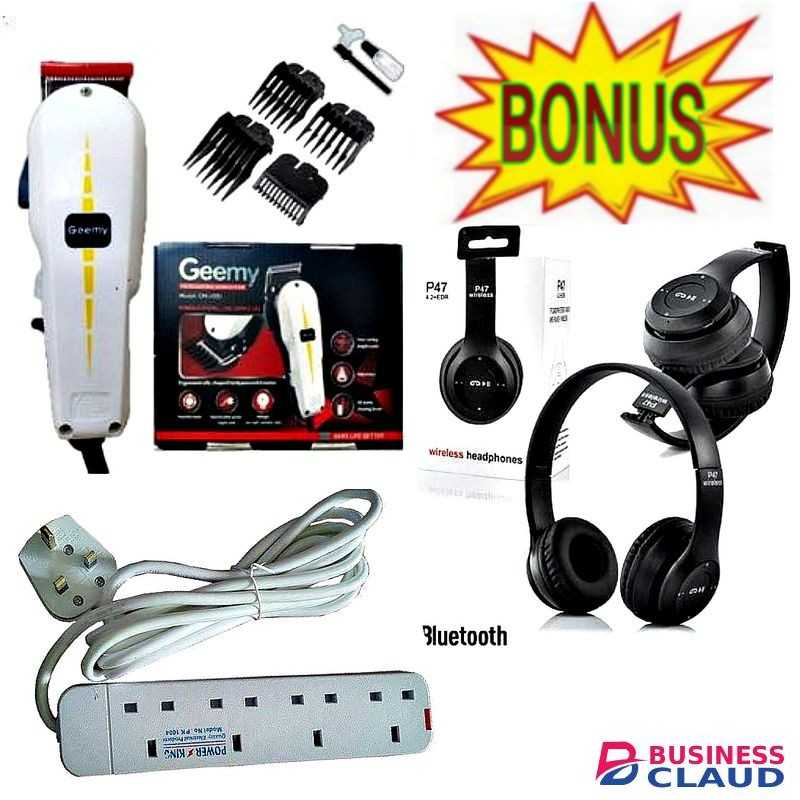 Geemy Durable Electric Hair Clipper - Kinyozi Built // Electric Trimmer - Kinyozi Professional Electric Hair Clipper - Kinyozi Edition HAIR - BEARD SHAVING MACHINE + EXTRA BONUS P47 BLUETOOYH WIRELESS HEADPHONES & HEAVY DUTY 4 WAY POWER EXTENSION CABLE SO