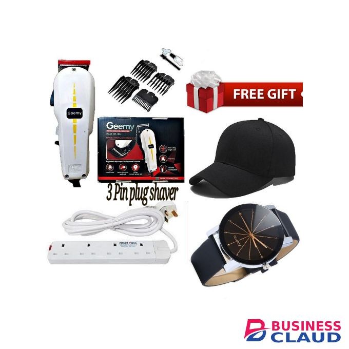 Geemy Professional Kinyozi Shop Hair Shaving Machine(Haircut) Trimmer- Kinyozi + Free 4 Way Power Extension Cable Watch & Cap