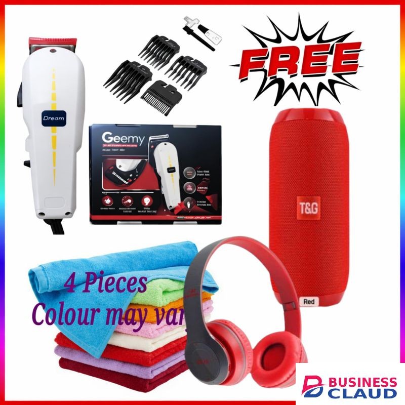 Geemy LOW BUDGET SHAVER // Professional Kinyozi Shaving Machine for HOME BARBERING & FAMILY HAIRCUTS – Safe for Kids & Adults + Free P47 HEADPHONES AND BLUETOOTH SPEAKER & Towels