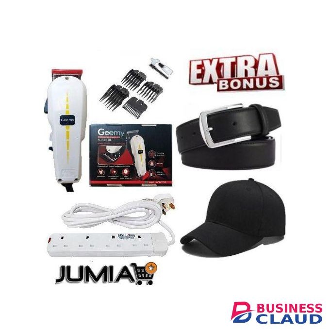 Geemy ELECTRIC SHAVER FOR ALL HAIR TYPES // Professional Hair/Shaving Machine-Kinyozi & Mo GIFTS (Red Cap , 4-Way Power Extension Cable & Belt)
