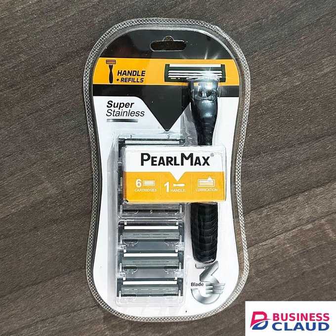 Pearlmax 6 Piece Set 3-Blade Super Stainless Razors for Men with Lubrication, Handle & 6 Disposable Cartridges