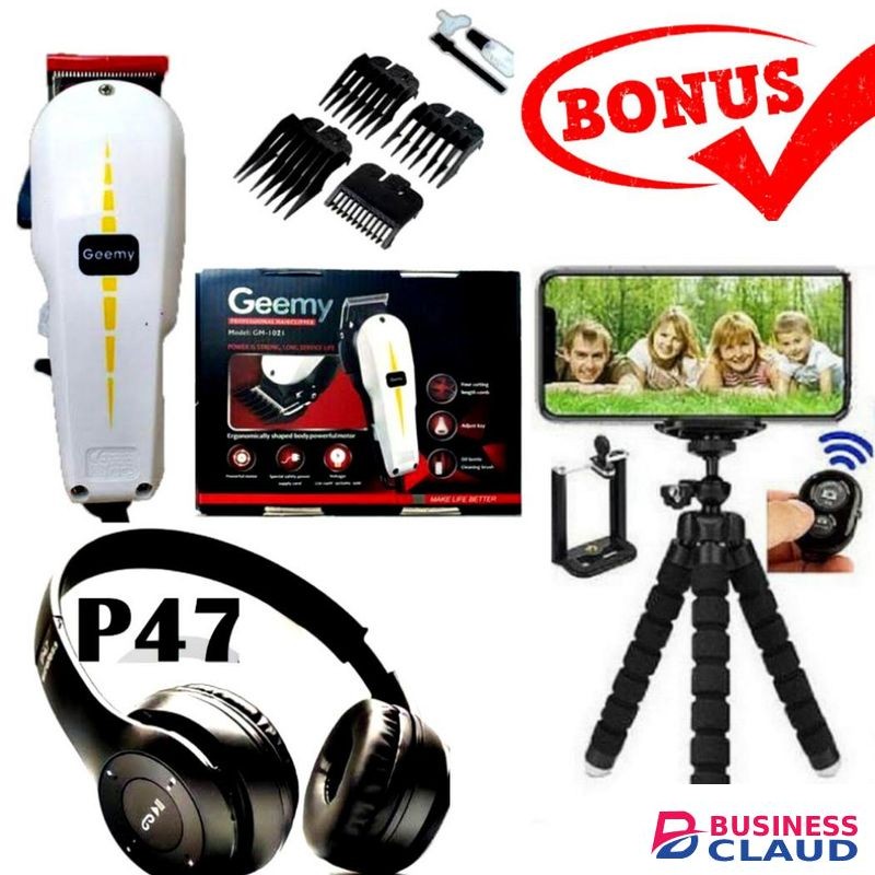 Geemy HAIR SHAVINGMACHINE // CLIPPER Trimmer // Hair Care Set +BONUS BLUETOOTH Strong Bass HEADPHONES & Phone Tripod Selfie Stand