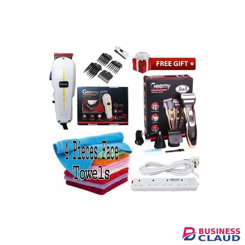 Geemy Electric Hair Trimmer Barbering Machine - Kinyozi + Free Professional 3 in 1 hair Clipper Wireless/Cordless & 4 Way Power Extension Cable & 4 Pieces Face Towels
