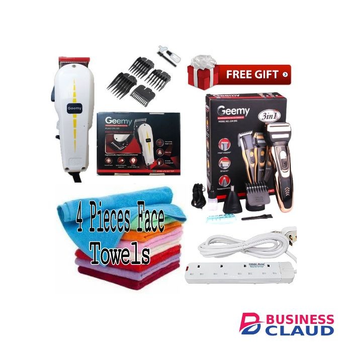 Geemy Electric Hair Trimmer Barbering Machine - Kinyozi + Free Professional 3 in 1 hair Clipper Wireless/Cordless & 4 Way Power Extension Cable & 4 Pieces Face Towels
