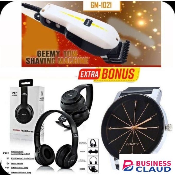 Geemy Electric Hair Shaver & Beard Trimmer Barbering Machine - Kinyozi Machine Shaver + EXTRA BONUS Bluetooth Wireless Headphones, Classic Wrist Watch