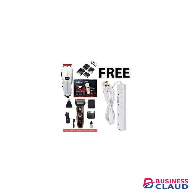 Geemy Original Barbering Hair Shaving Machine-Kinyozi + Free 3 In 1 Electric Rechargeable Shaver Nose, Smoother & 4 Way Power Extension Cable