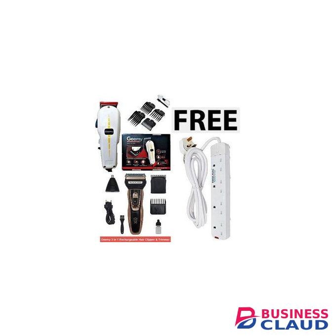 Geemy Original Barbering Hair Shaving Machine-Kinyozi + Free 3 In 1 Electric Rechargeable Shaver Nose, Smoother & 4 Way Power Extension Cable