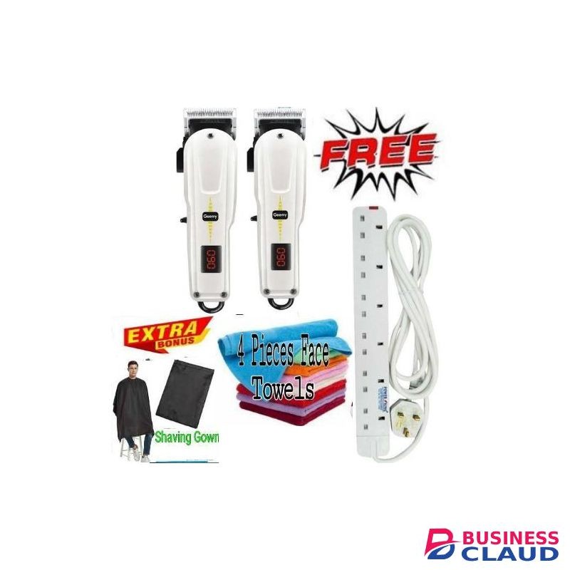 Geemy 2 PCS Rechargeable Cordless Shaving Machine With Indicator + Bonus 6 Way Power Extension , 4 Face Towel & Hair Draper/Shaving Gown