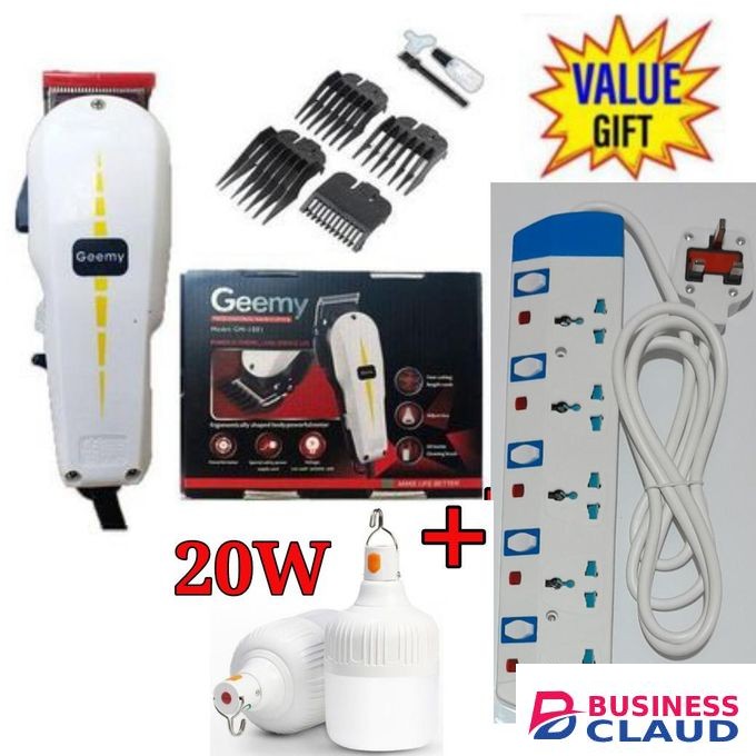 Geemy Electric Hair Clipper Barbering Machine-Kinyozi +Free 5 Way Power Extension+Rechargeable Bulb 20W
