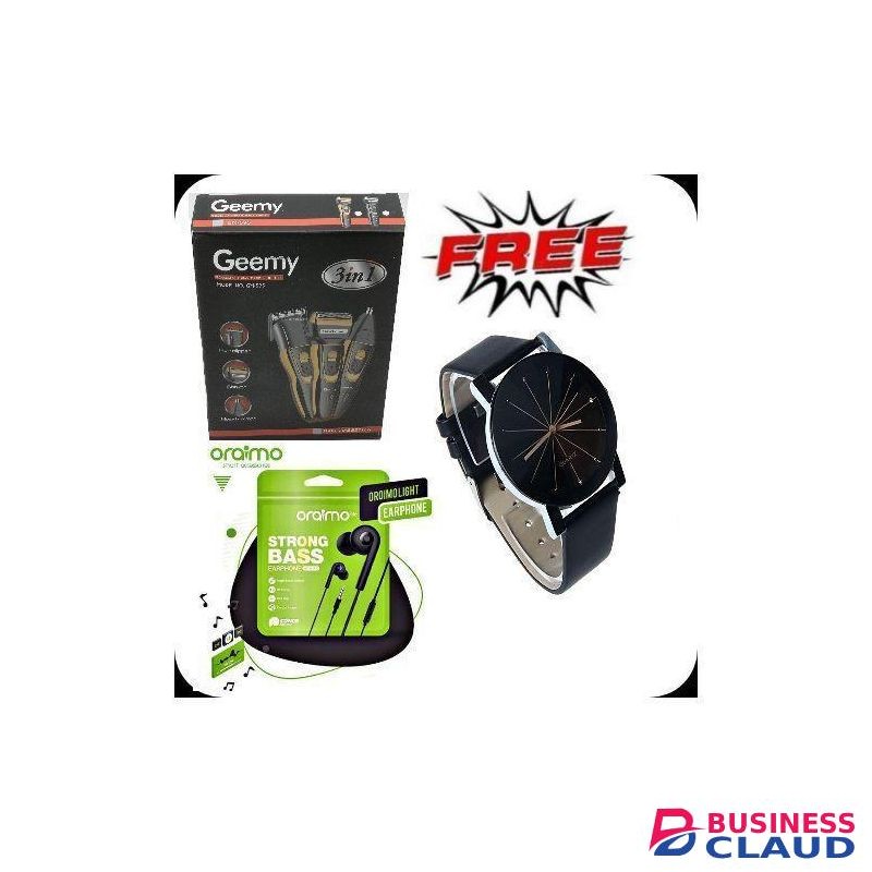Geemy Rotary Electric Smart-Shaver Machine 3 In1 Hair,Nose Trimmer +Free Oraimo Earphone, Watch