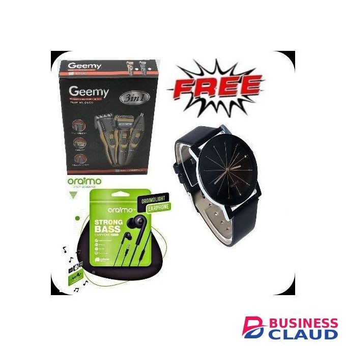 Geemy Rotary Electric Smart-Shaver Machine 3 In1 Hair,Nose Trimmer +Free Oraimo Earphone, Watch