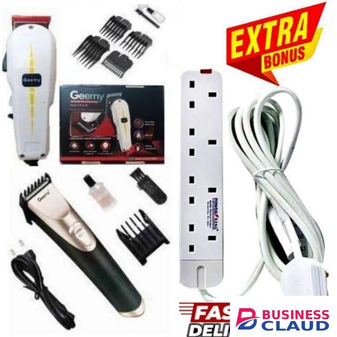 Geemy Professional Electric Hair Clipper for Barber Shop – Kinyozi Machine +BONUS RECHARGEABLE ELECTRIC SHAVING MACHINE & 4-WAY POWER EXTENSION CABLE SOCKET