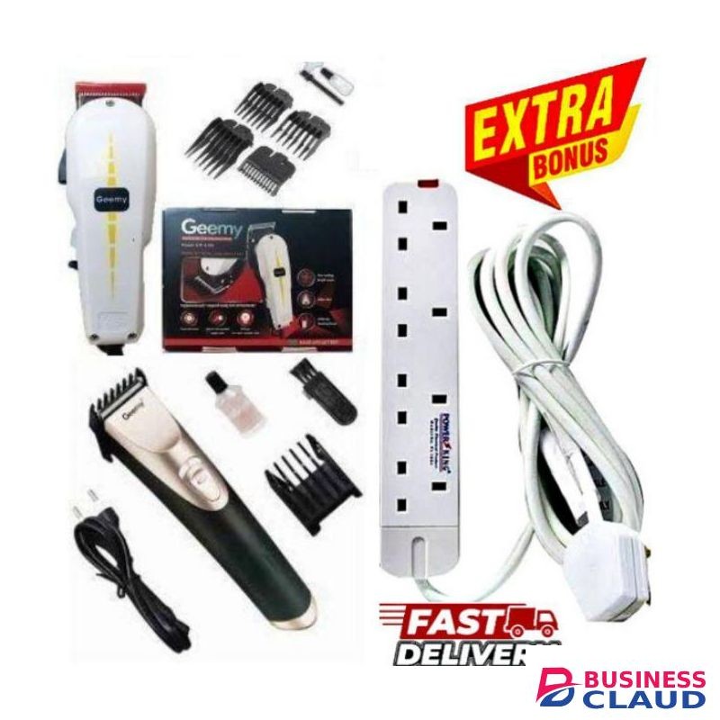 Geemy Professional Electric Hair Clipper for Barber Shop – Kinyozi Machine +BONUS RECHARGEABLE ELECTRIC SHAVING MACHINE & 4-WAY POWER EXTENSION CABLE SOCKET