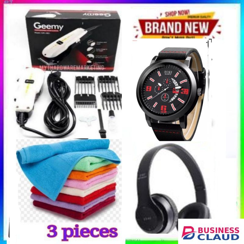 Geemy KINYOZI FOR BUSINESS // PROFESSIONAL BARBER SHAVING MACHINE – KINYOZI FOR MEN'S GROOMING, TRIMMING & HAIRCUTS +P47 HEADPHONE + WATCH AND 3 HEAD AND FACE TOWELS