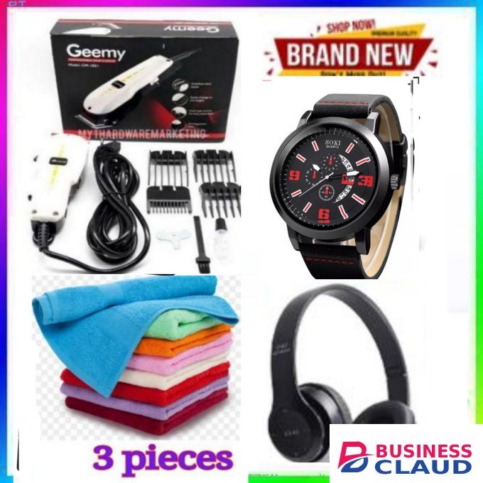 Geemy KINYOZI FOR BUSINESS // PROFESSIONAL BARBER SHAVING MACHINE – KINYOZI FOR MEN'S GROOMING, TRIMMING & HAIRCUTS +P47 HEADPHONE + WATCH AND 3 HEAD AND FACE TOWELS