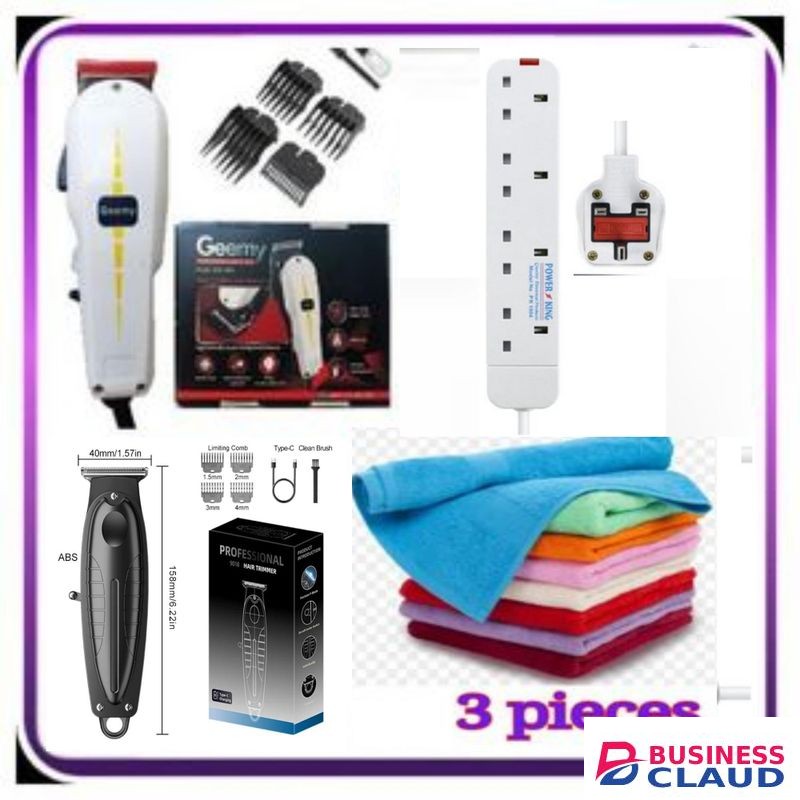 HAIR CUTTING MACHINE PROFESSIONAL HAIR CLIPPER FOR BARBERSHOP & HOME USE + FACE TOWEL + 4 WAY POWER EXTENSION + HAIR TRIMMER