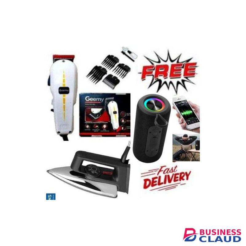 Geemy Affordable BEST SHAVER// Professional Barbering Clipper Hair Shaving Machine-Kinyozi + Free Best Bluetooth Speaker-Caston + Iron box for your clothes + Free Extension+ 4 Face Towels