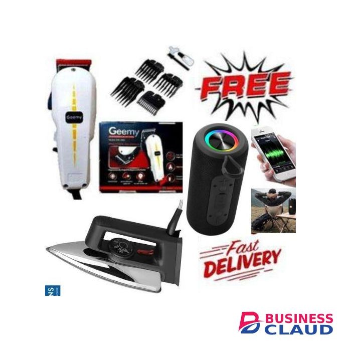 Geemy Affordable BEST SHAVER// Professional Barbering Clipper Hair Shaving Machine-Kinyozi + Free Best Bluetooth Speaker-Caston + Iron box for your clothes + Free Extension+ 4 Face Towels
